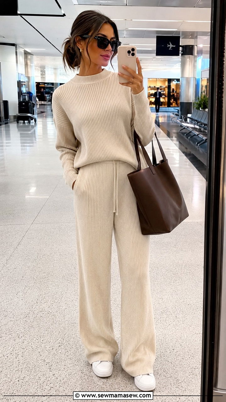 Matching knit lounge co ord set with oversized tote and white sneakers - 30 Business travel capsule wardrobe