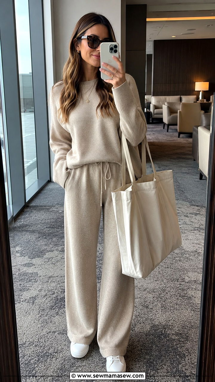 Matching knit lounge set LAX travel outfit - 30 LAX airport outfit ideas