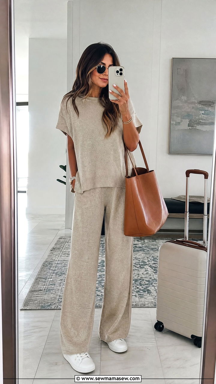 Matching knit lounge set and oversized tote - 30 Confident summer outfit ideas