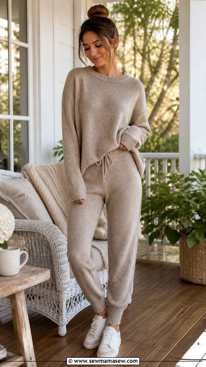 Matching knit lounge set and sneakers outfit - 40 First day of summer outfits