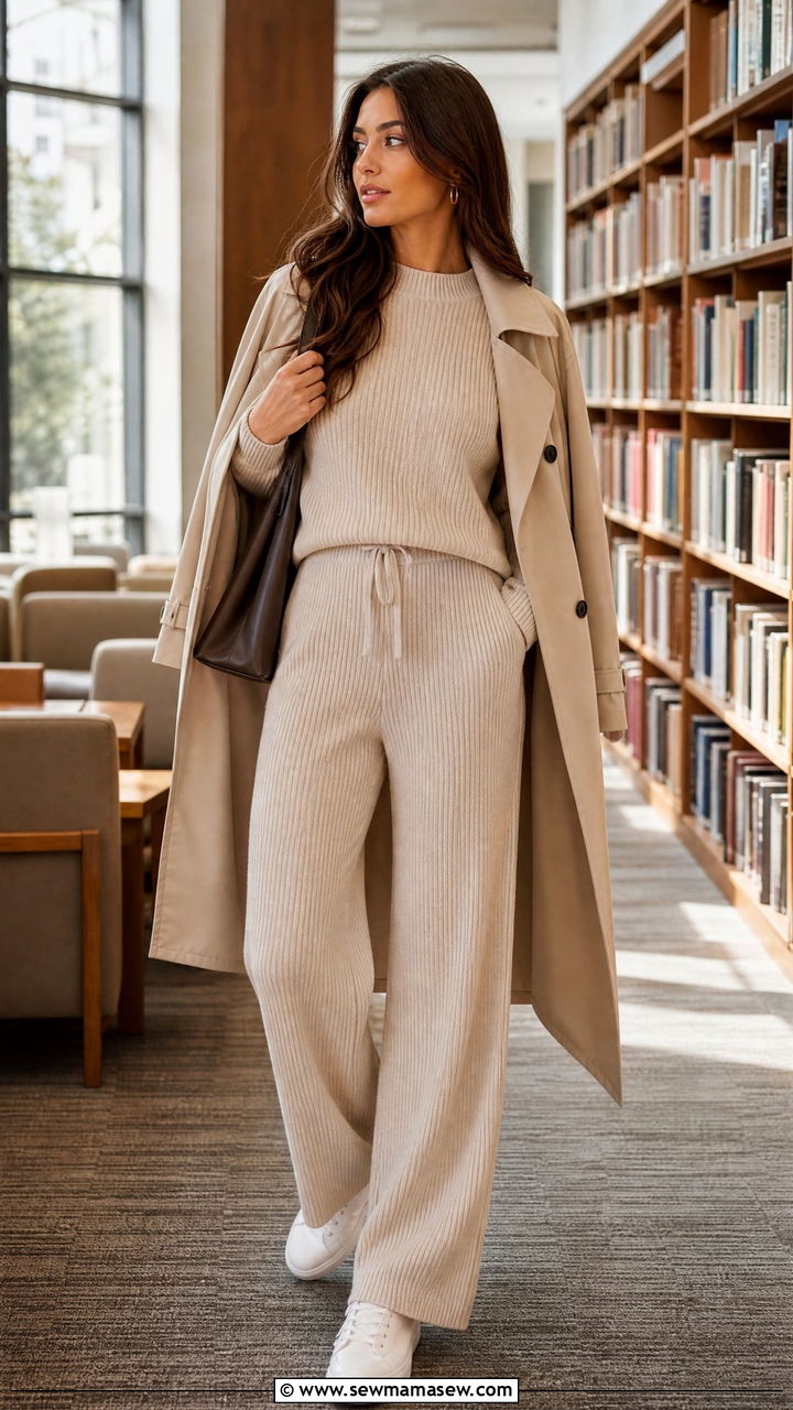 Matching knit lounge set with a long trench coat - 30 College library outfit ideas