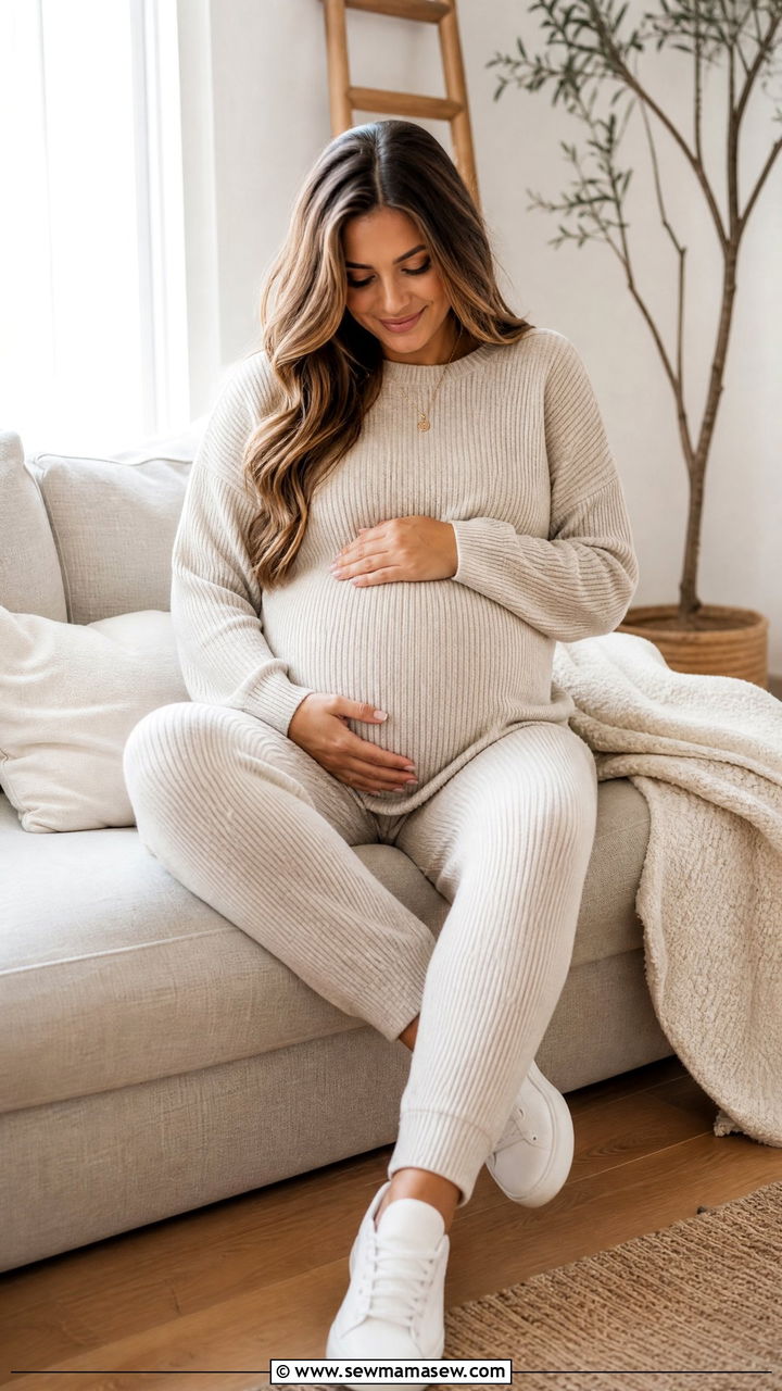 Matching knit lounge set with clean sneakers at home maternity photo - 25 Maternity photo outfit ideas summer