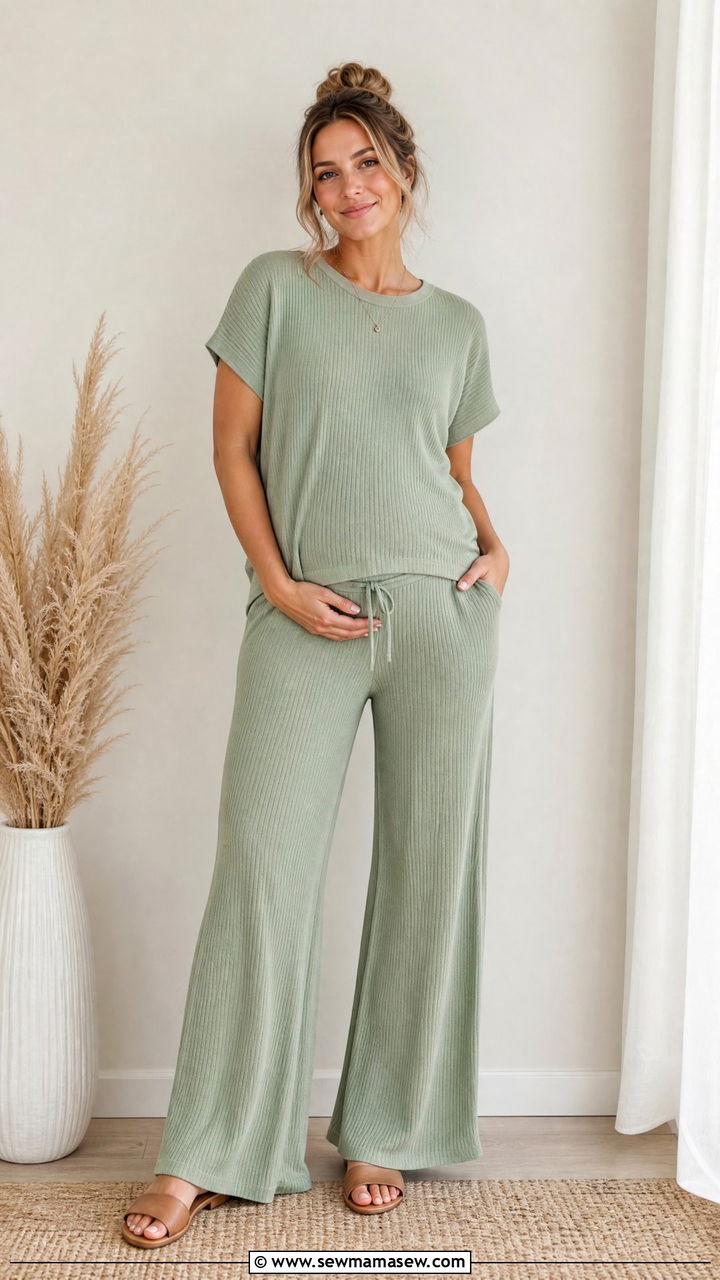 Matching knit lounge set with flat slide sandals - 30 summer outfits for postpartum women