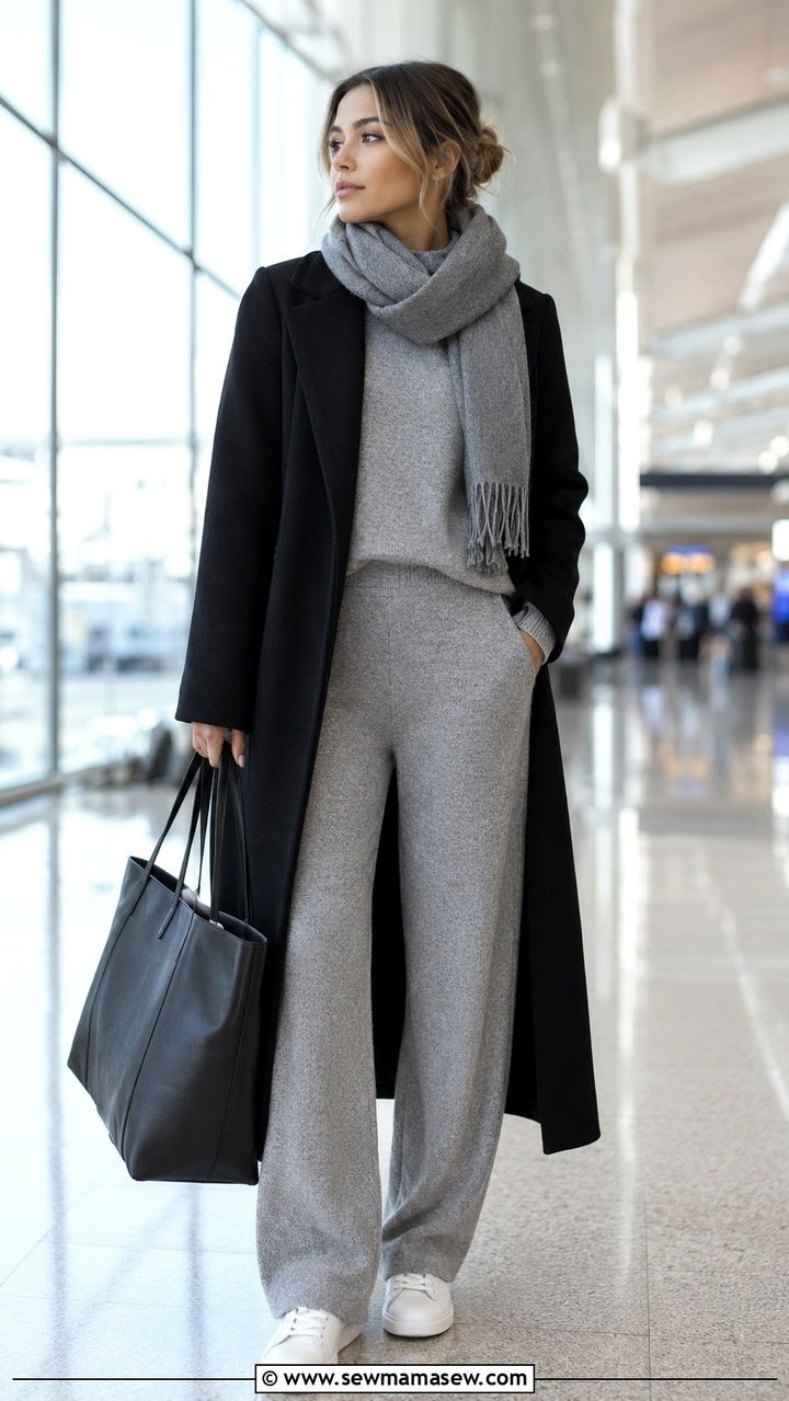 Matching knit lounge set with overcoat for winter travel - 25 seasonal airport outfit ideas