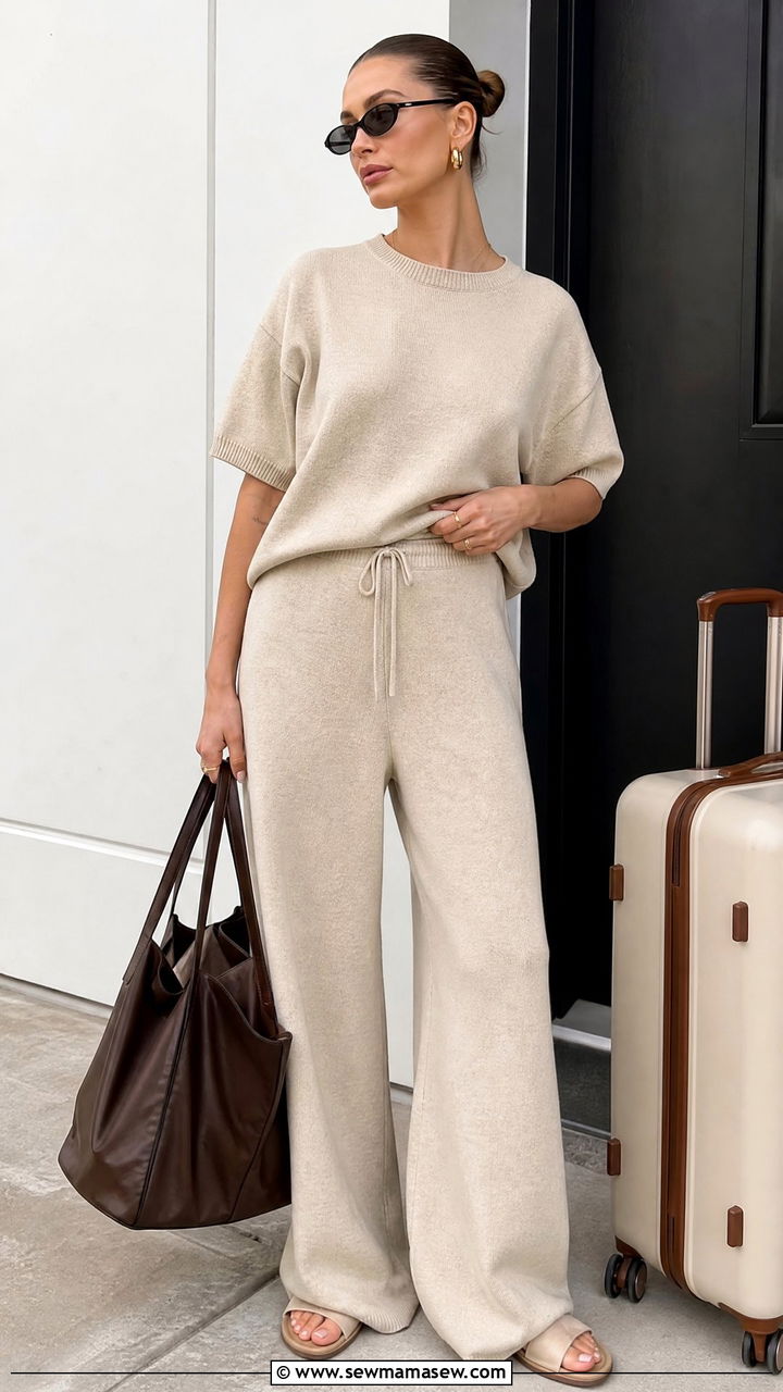 Matching knit lounge set with oversized tote and sandals - 35 Hailey Bieber spring outfit ideas