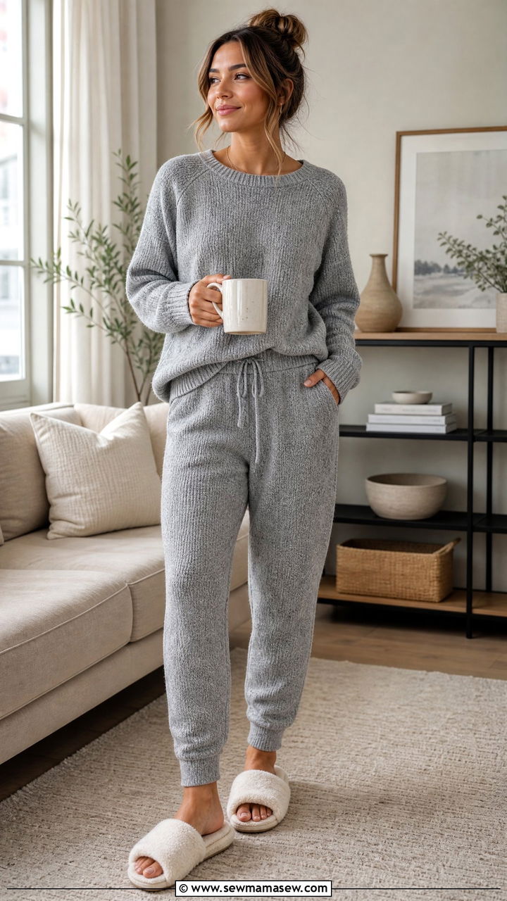 Matching knit lounge set with slides - 25 Knit matching set outfit ideas