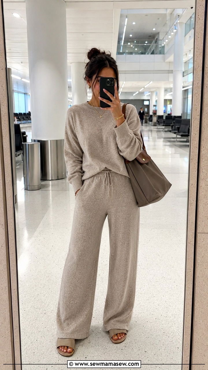 Matching knit lounge set with slides - 25 Airport outfit ideas for beach vacation