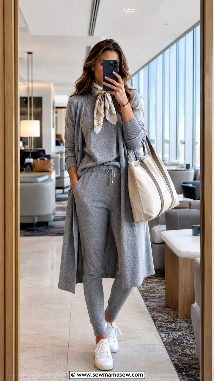 Matching knit lounge set with sneakers for travel days - 30 Spring travel capsule wardrobe
