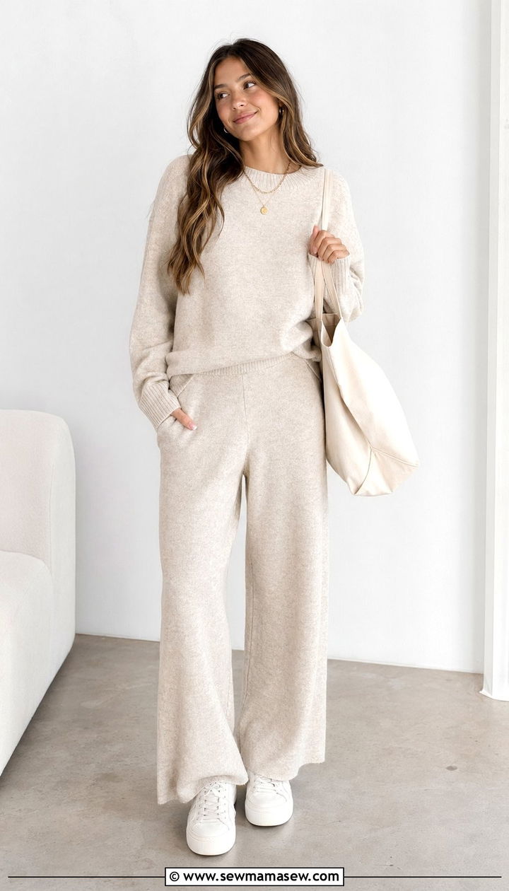 Matching knit lounge set with sneakers outfit - 35 Back to school outfit ideas 12th grade