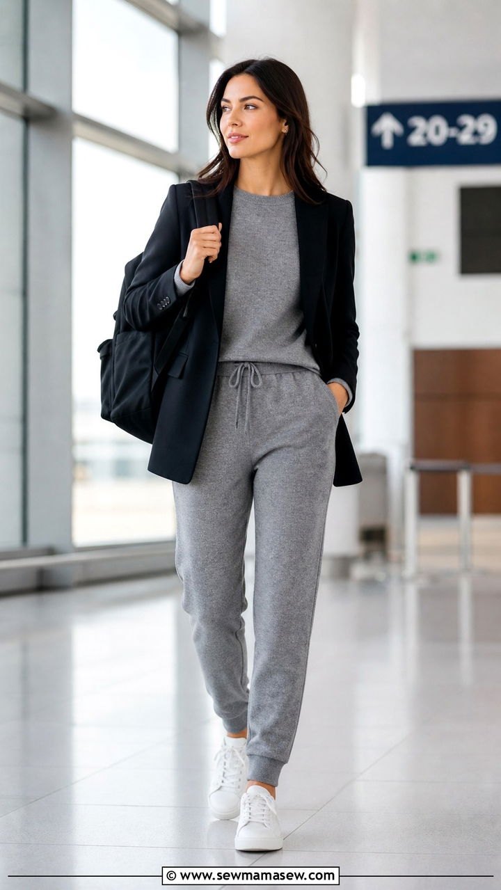 Matching knit lounge set with structured blazer - 40 Business trip outfit ideas