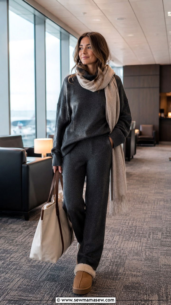 Matching knit lounge set with tote bag for long flight - 25 travel outfits inspo