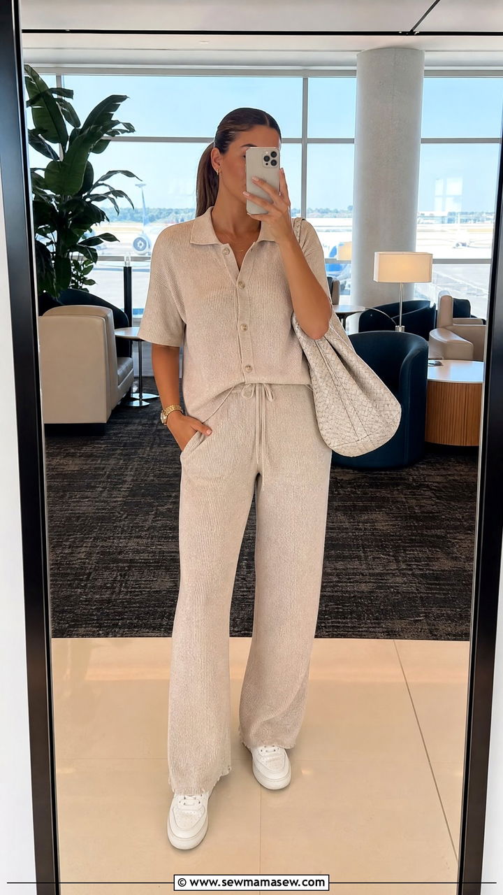 Matching knit lounge set with white sneakers - 35 Miami airport outfit ideas