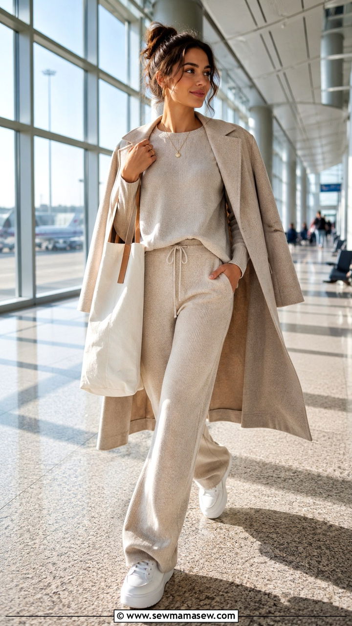 Matching knit lounge set with white sneakers - 30 casual airport outfits