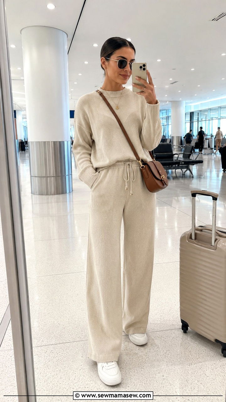 Matching knit set travel outfit - 30 chic travel outfits for women