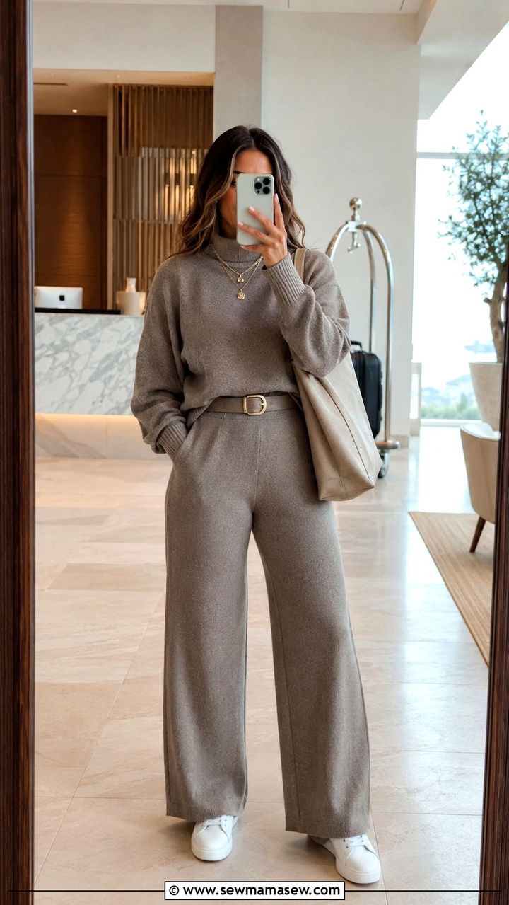 Matching knit set travel outfit for pear shape in neutral tones - 25 Travel outfits for pear shape