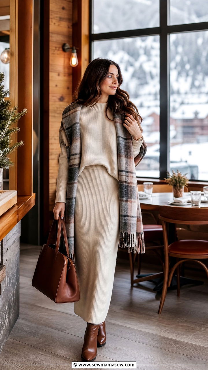 Matching knit set with oversized scarf - 30 modest brunch outfit ideas