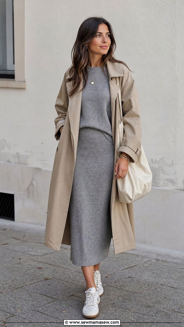 Matching knit set with oversized trench and sneakers - 30 summer to fall outfits for women