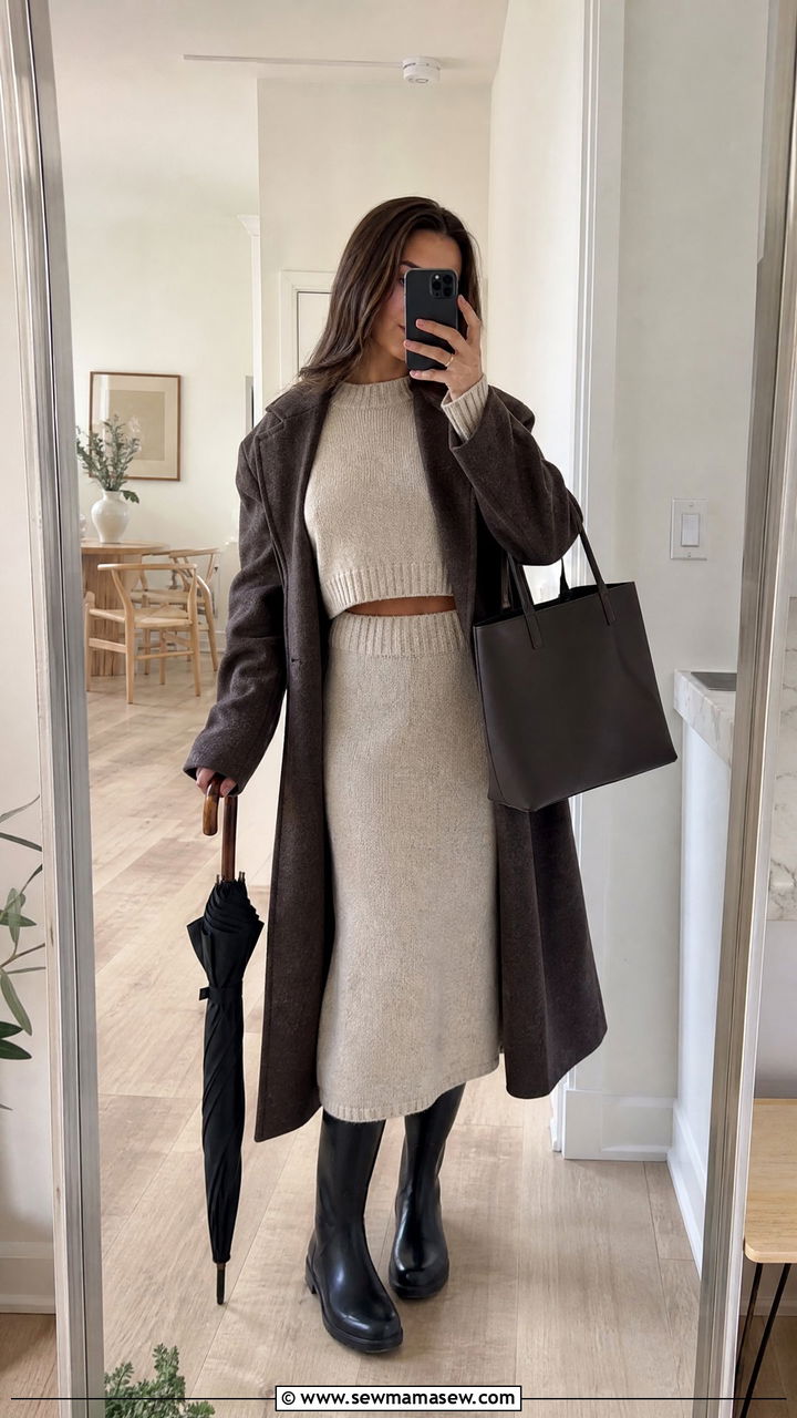 Matching knit set with tall boots - 25 spring rainy day outfit ideas