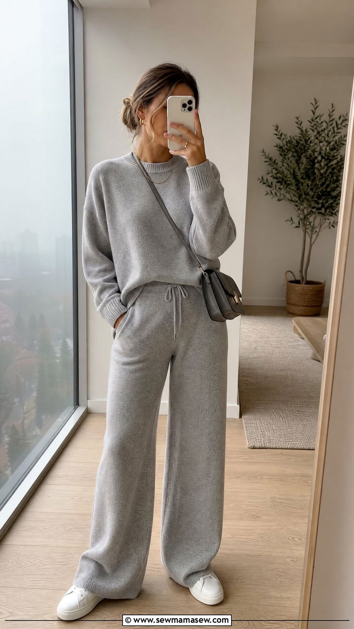 Matching knit set with white sneakers - 25 Foggy day outfit ideas