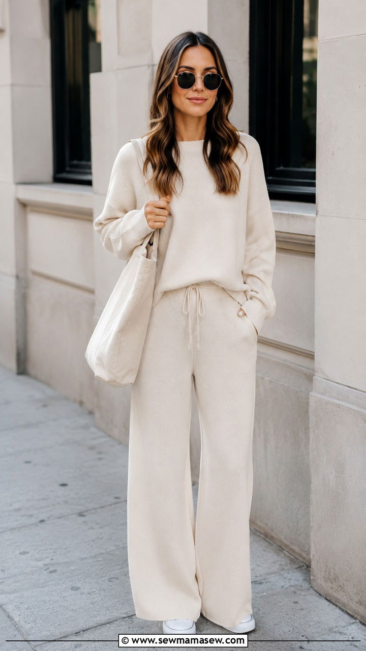 Matching knit set with white sneakers - 30 Loungewear outfit ideas for weekend