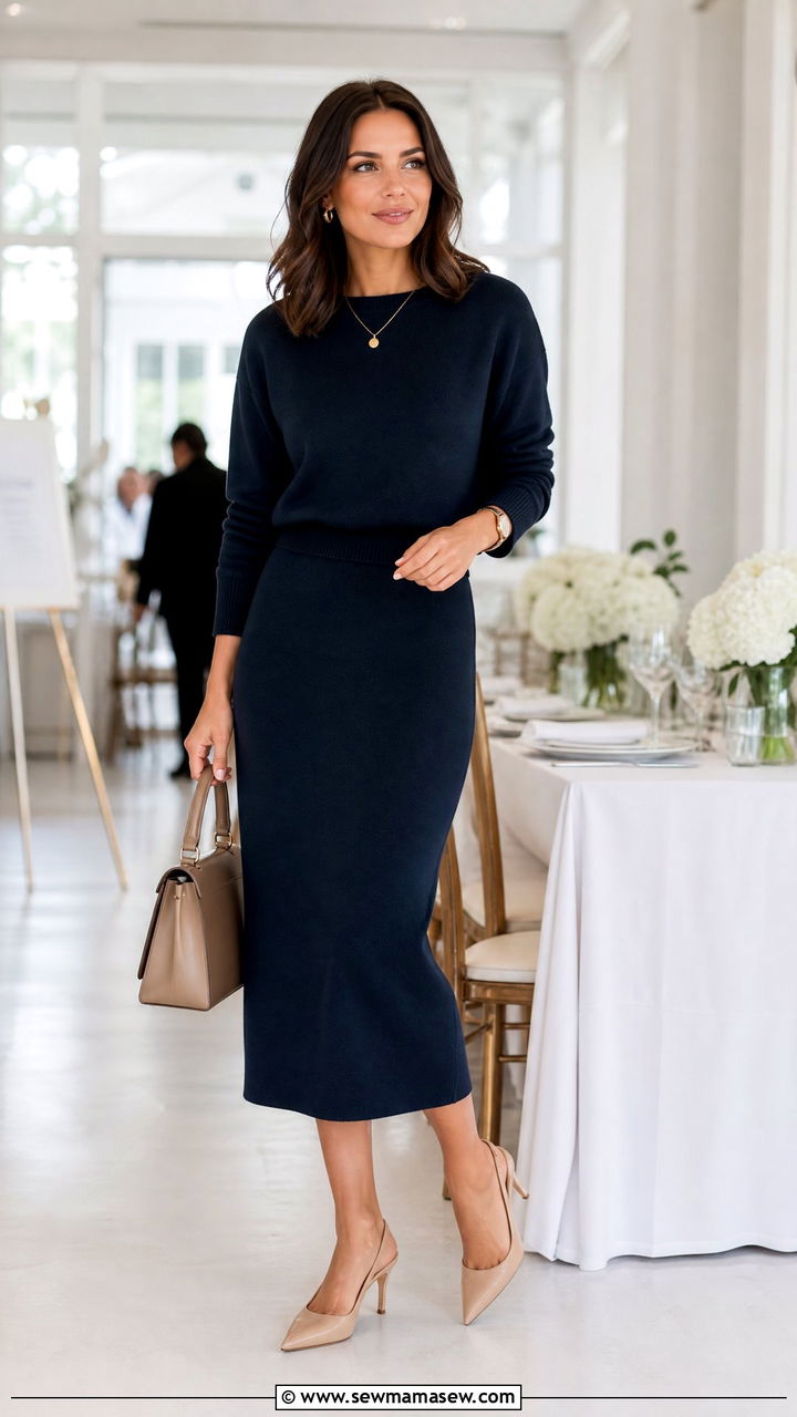 Matching knit sweater and midi skirt with slingbacks - 25 Knit matching set outfit ideas
