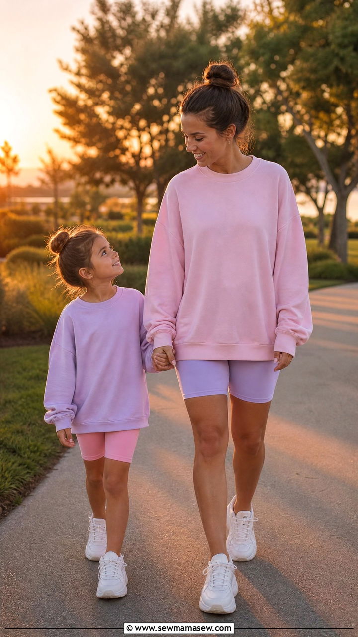 Matching lightweight sweatshirt and bike shorts with chunky sneakers outfit - 30 Summer mommy and me outfits