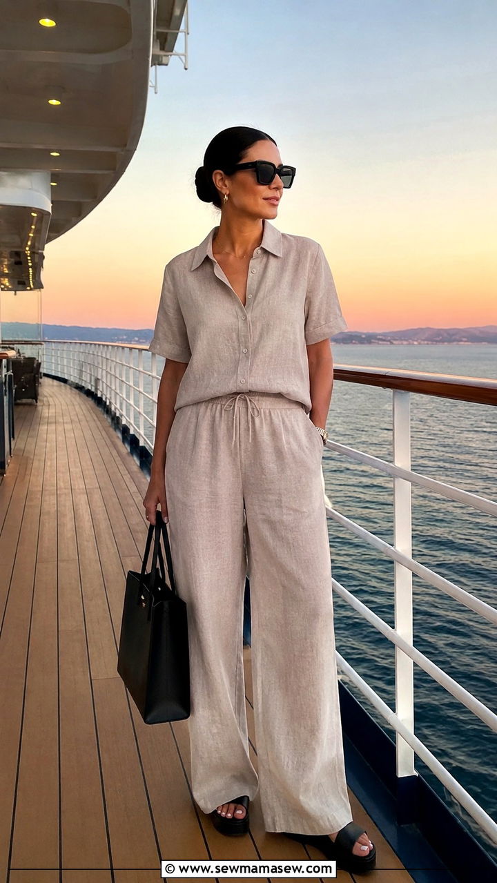 Matching linen blend co ord set with slide sandals outfit - 30 Small ship cruise outfit ideas