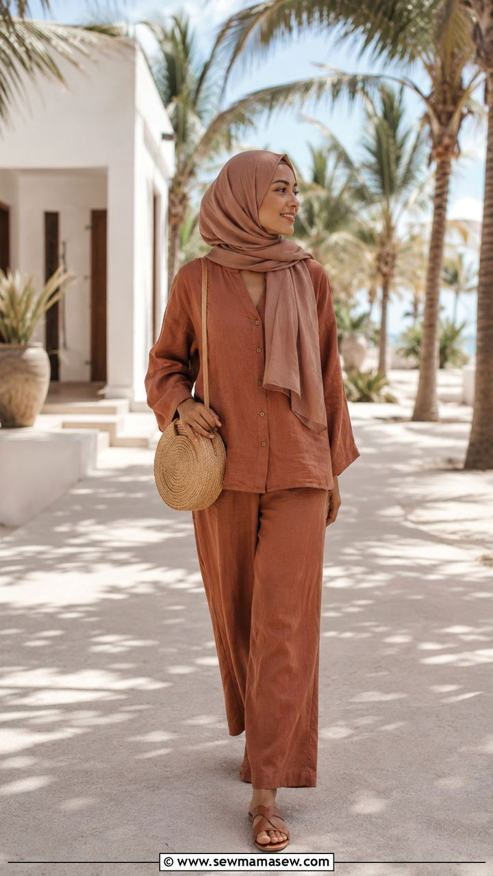 Matching linen co ord set - 25 Vacation outfit ideas Muslim women