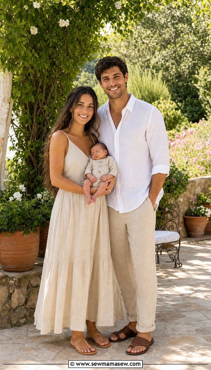 Matching linen family outfit for newborn summer photos - 25 Family photo outfit ideas with newborn
