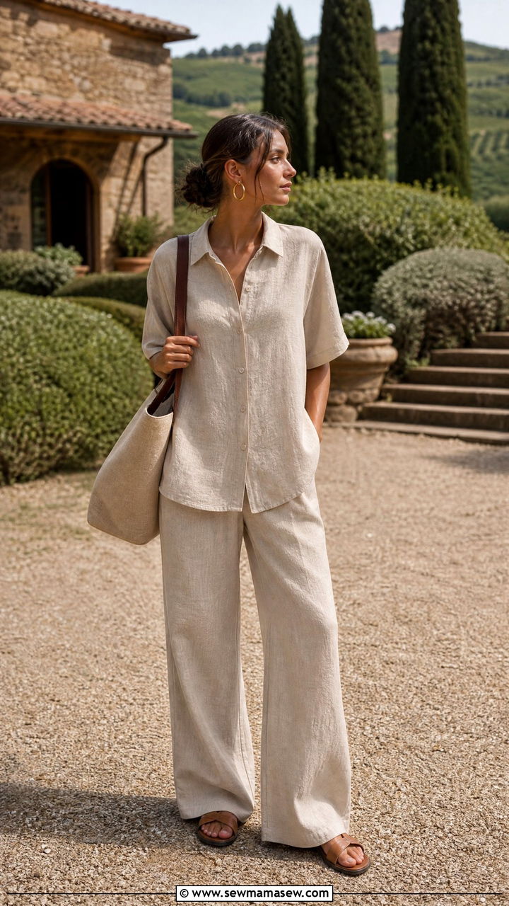 Matching linen set and oversized tote Italy - 25 Italy outfits inspo