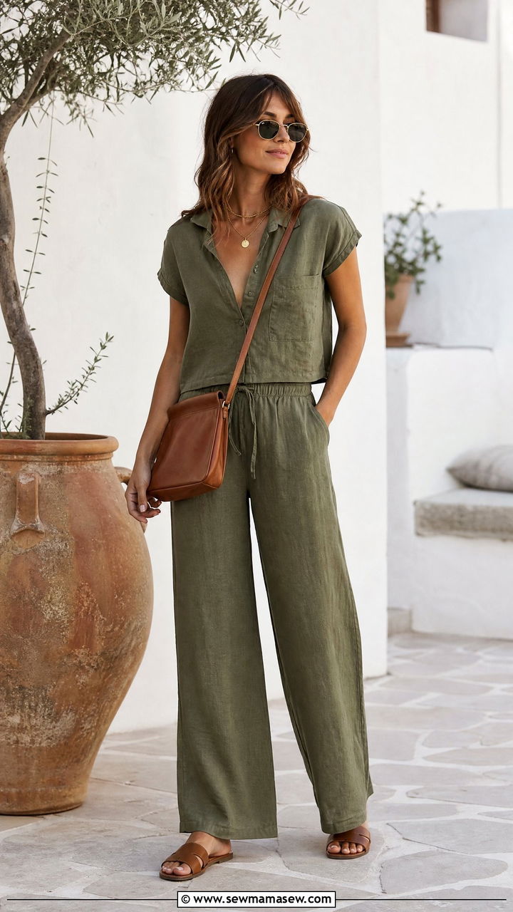 Matching linen set with flat slides - 25 casual Italy outfits