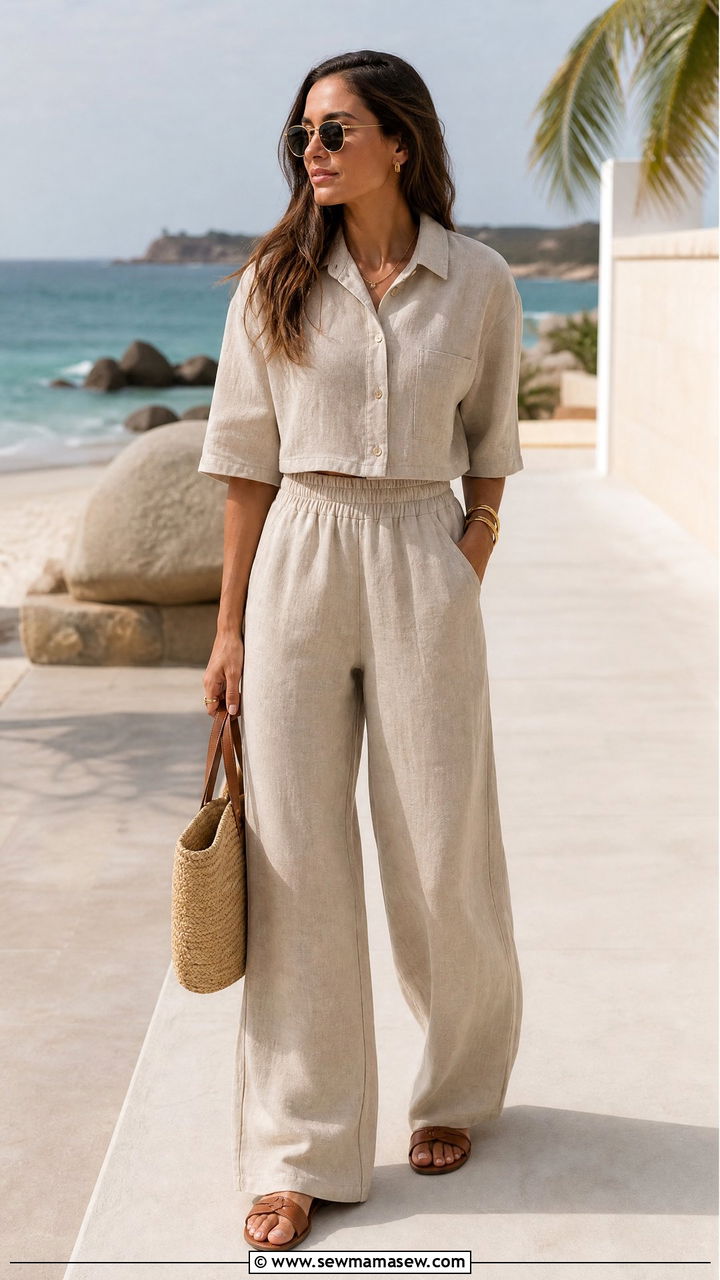 Matching linen two piece set beach look - 30 Summer beach day outfit ideas