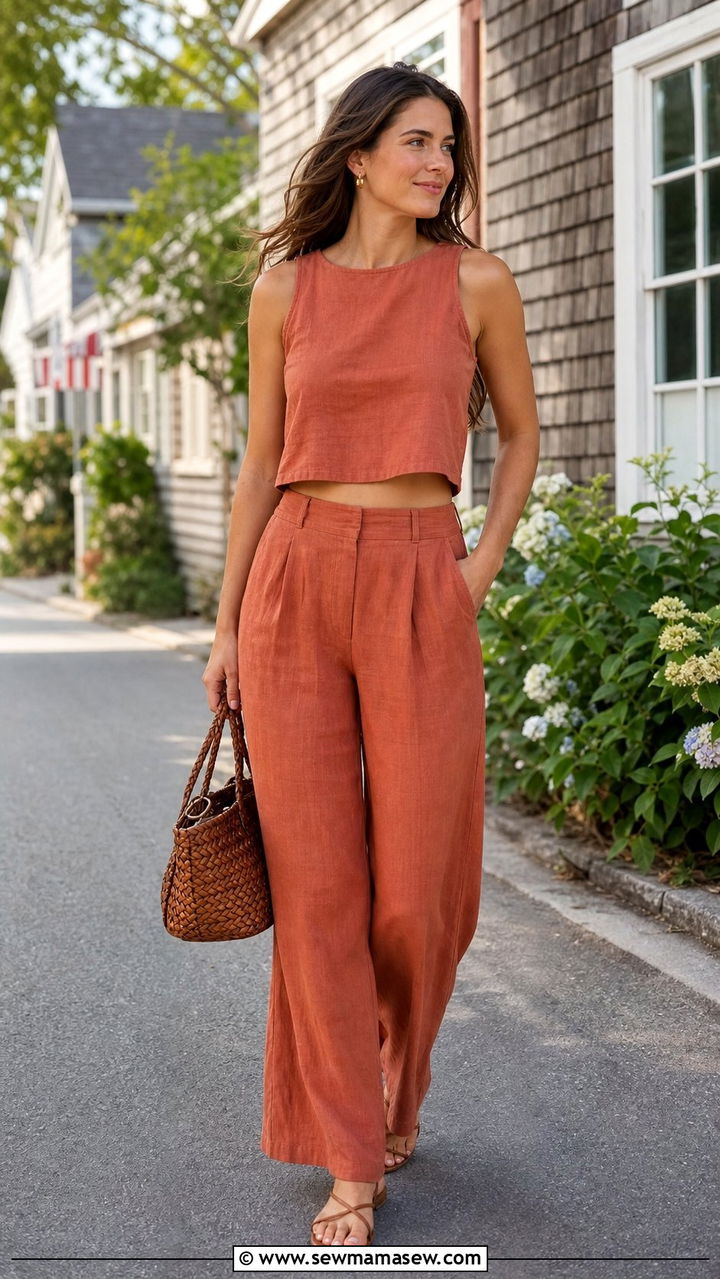 Matching linen two piece set with strappy sandals - 25 Summer cabin outfits