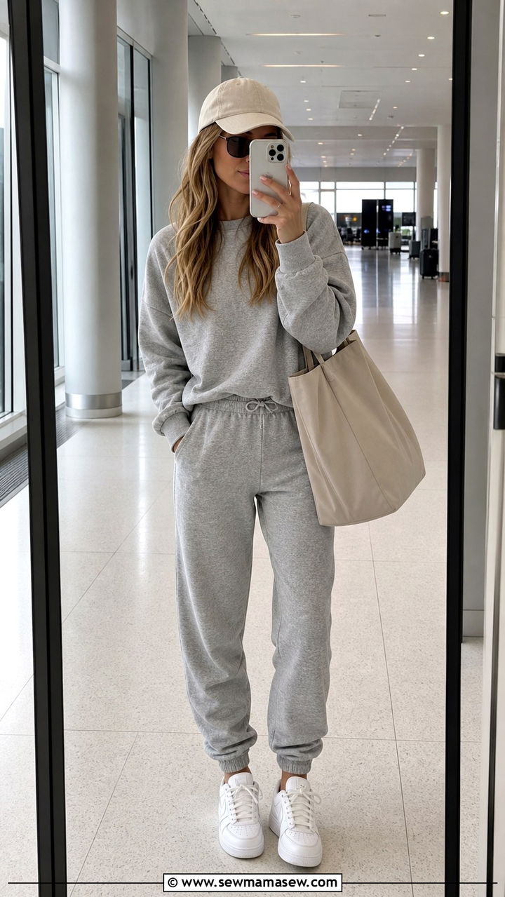 Matching lounge set and white sneakers backpacking outfit - 20 Backpacking outfit ideas