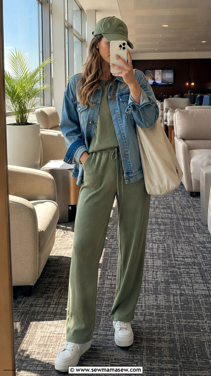 Matching lounge set with denim jacket for spring travel - 25 seasonal airport outfit ideas