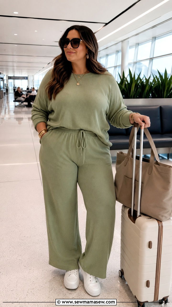 Matching lounge set with sneakers mom travel outfit - 30 Plus size outfit ideas for moms