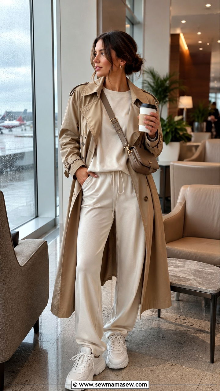Matching lounge set with trench coat and chunky sneakers - 30 Rainy day weekend outfit ideas