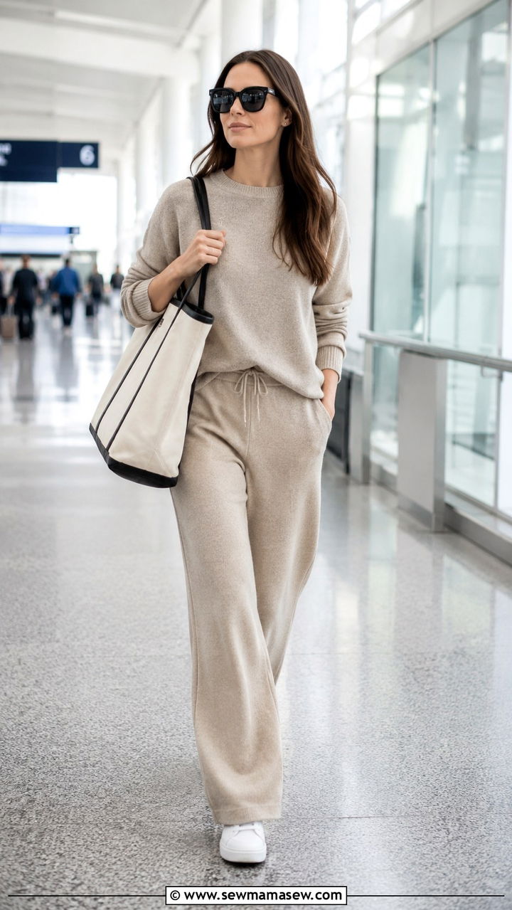 Matching oatmeal cashmere lounge set - 30 Quiet luxury outfit ideas for airport