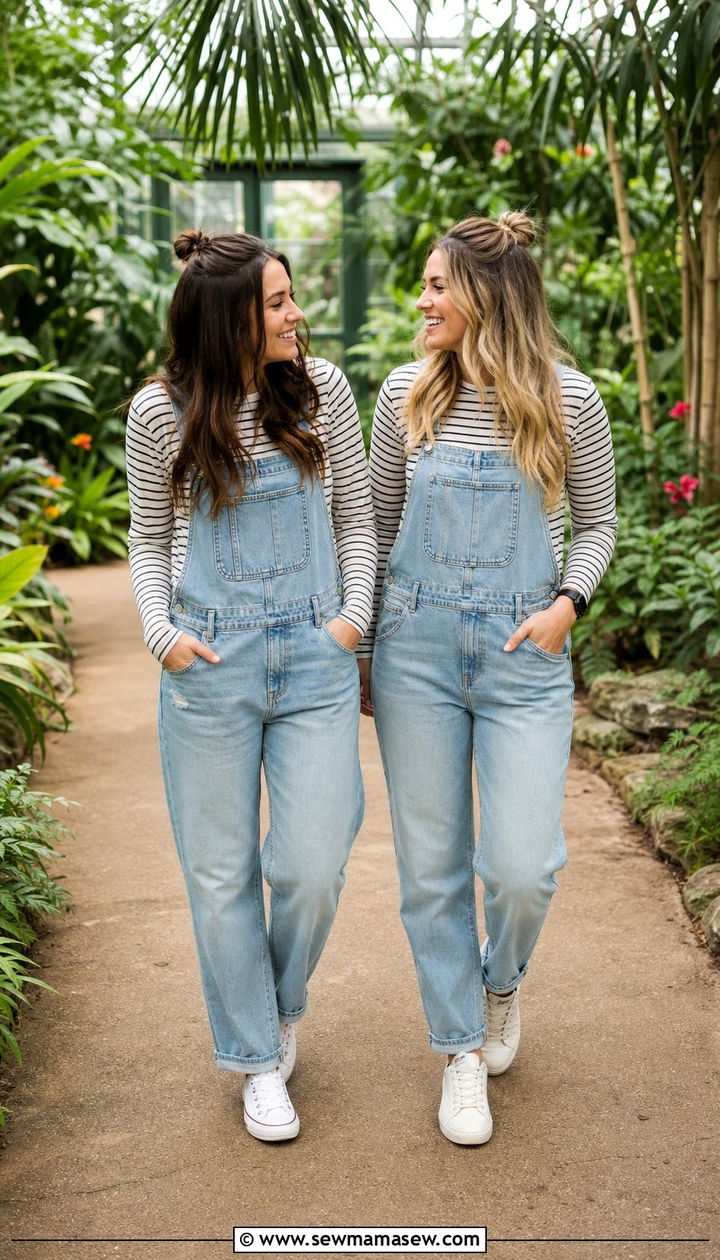 Matching overalls with striped tees - 25 Spring matching outfits for sisters
