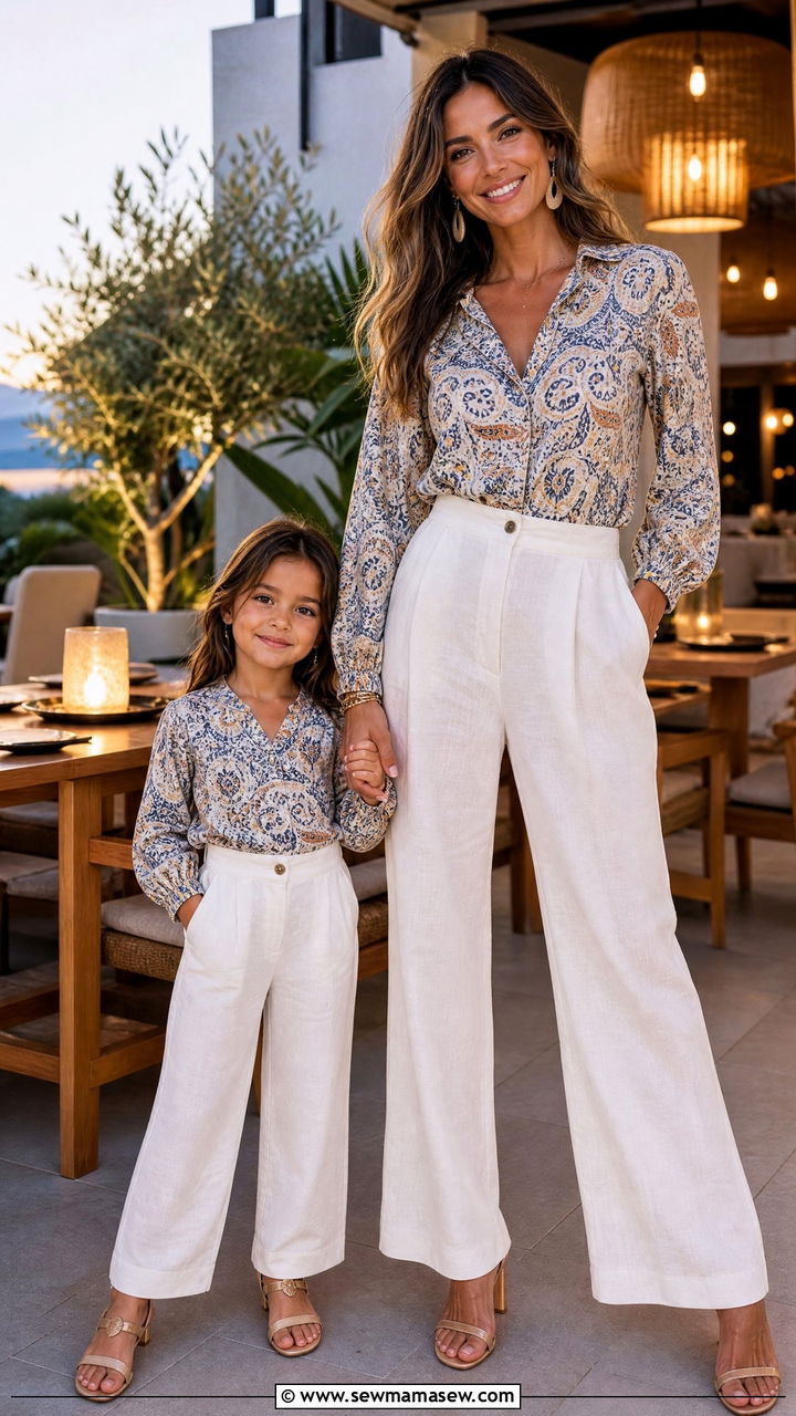 Matching patterned blouse and linen trousers with heeled sandals outfit - 30 Summer mommy and me outfits