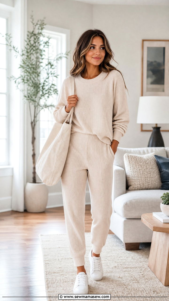 Matching ribbed knit lounge set with sneakers - 30 Cozy loungewear outfit ideas