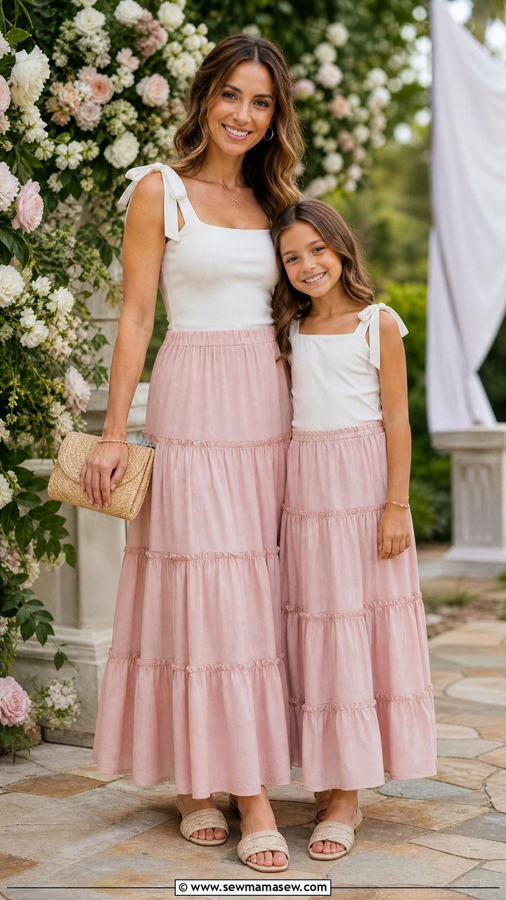Matching ribbon strap tank and tiered skirt with slide sandals outfit - 30 Summer mommy and me outfits