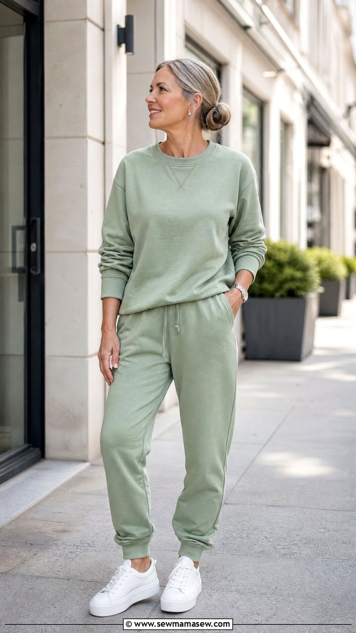 Matching sweatsuit set with white platform sneakers for women over 50 - 30 Outfit ideas for women over 50 athleisure
