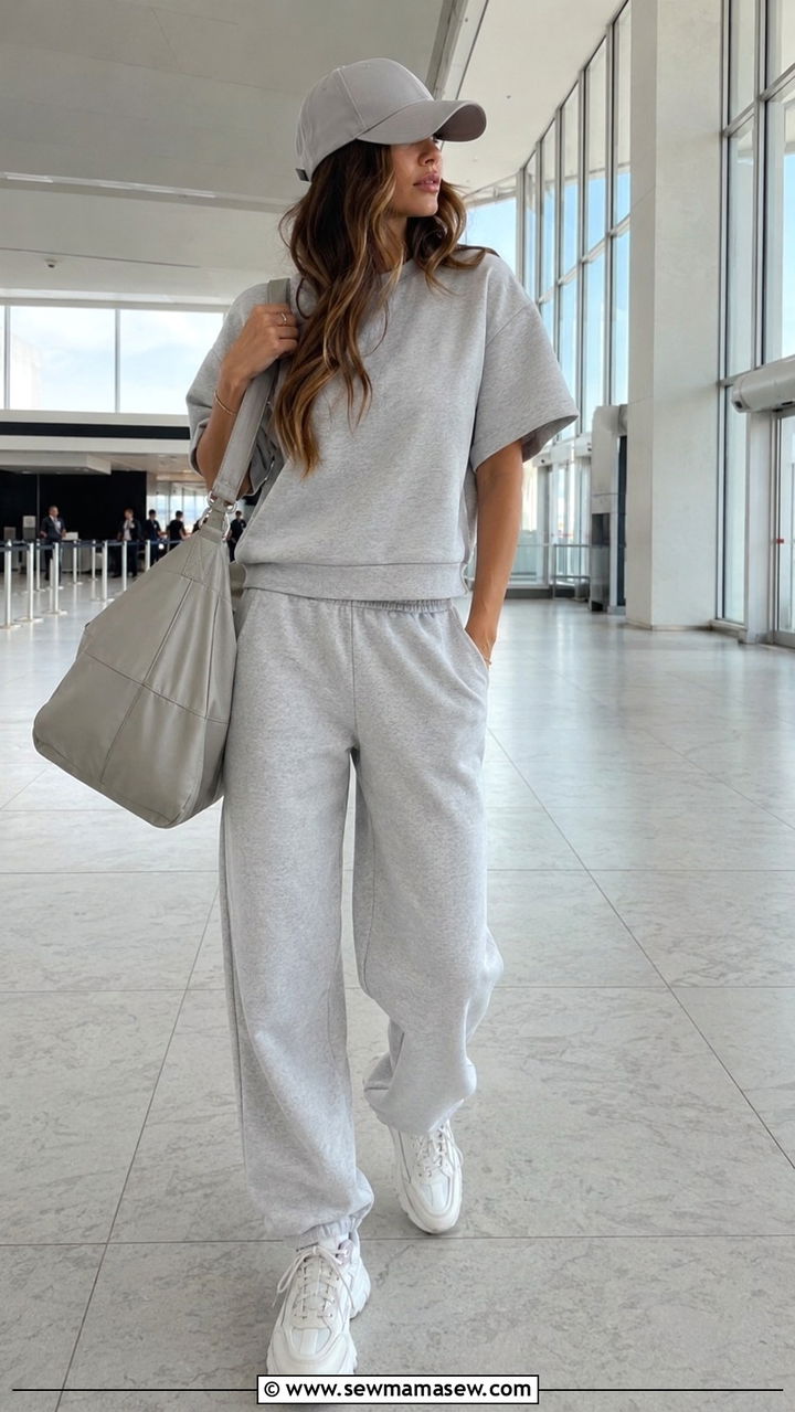 Matching sweatsuit with chunky sneakers for summer travel - 25 seasonal airport outfit ideas
