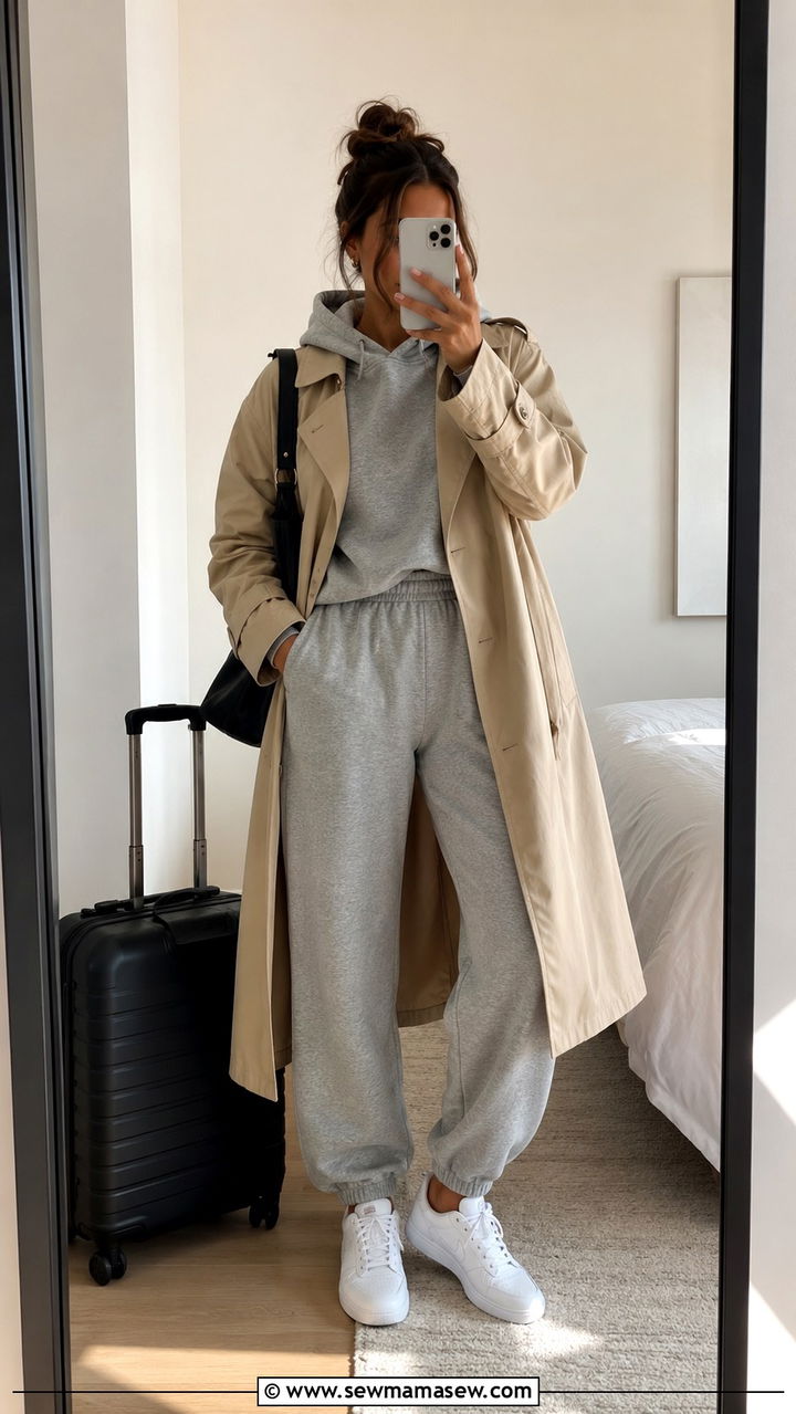 Matching sweatsuit with trench coat and sneakers - 30 transitional sneaker outfit ideas