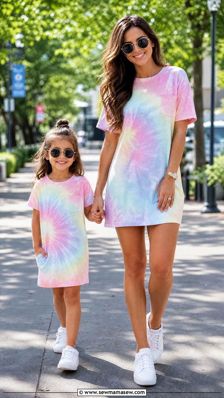 Matching tie dye dress with white sneakers outfit - 30 Summer mommy and me outfits