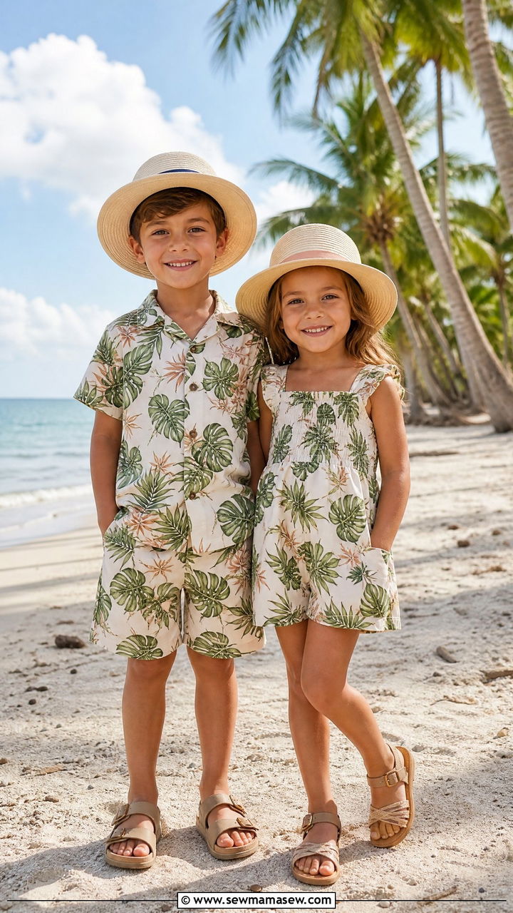 Matching tropical print sibling shirt and shorts set vacation outfit - 30 Kids vacation outfit ideas
