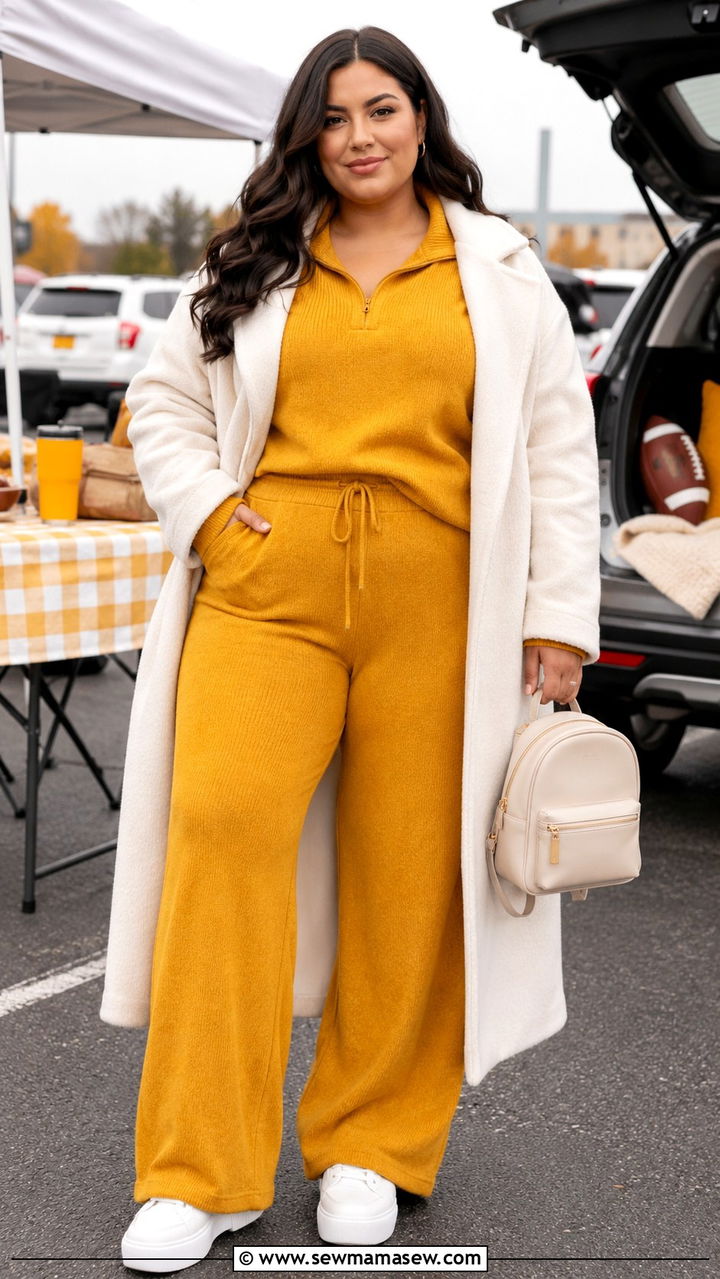 Matching two piece knit lounge set outfit - 30 Plus size tailgate outfit ideas