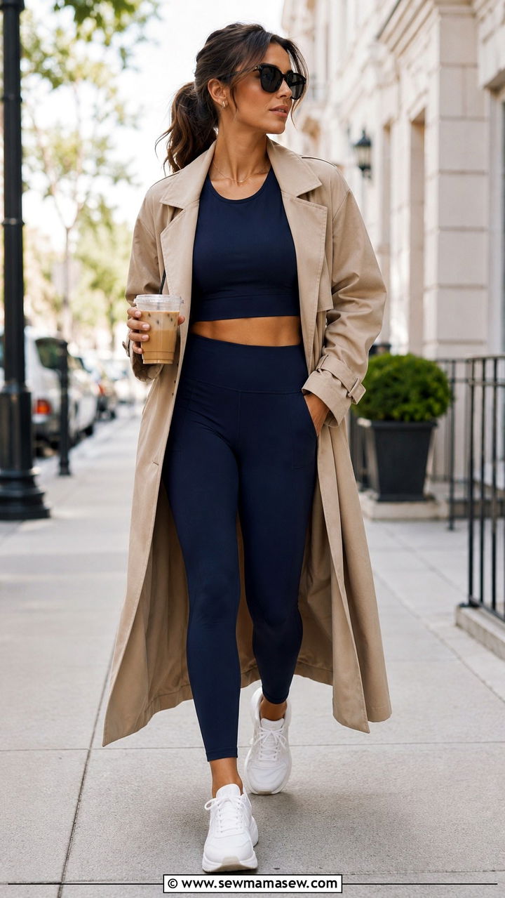 Matching workout co ord set with trench coat - 30 Outfit ideas for athletic build
