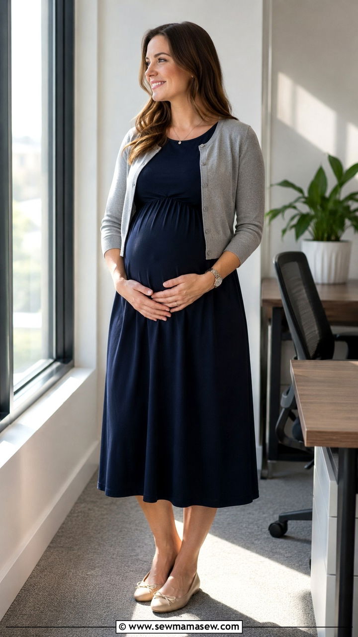 Maternity A Line Midi Dress for Work - 25 work outfits for pregnant women